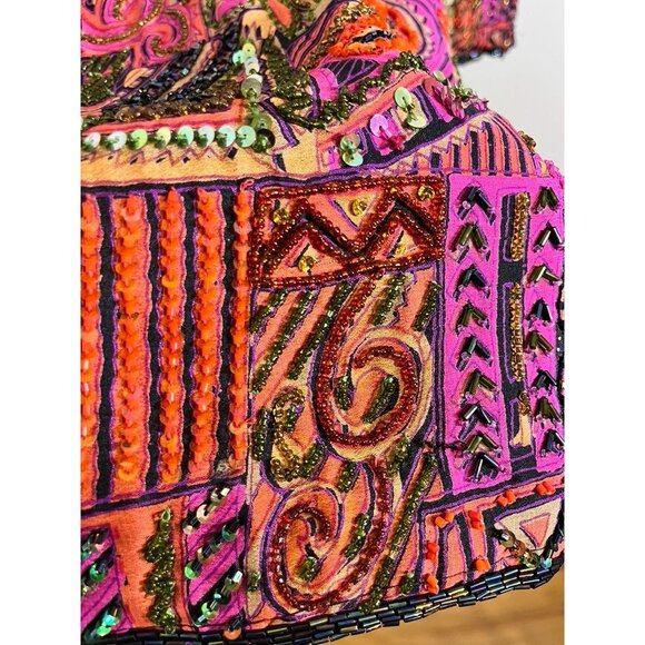 Vintage Silk Beaded Floral Sequin Jacket L Pink Avant Garde Swing Coat Patchwork - Picture 9 of 15